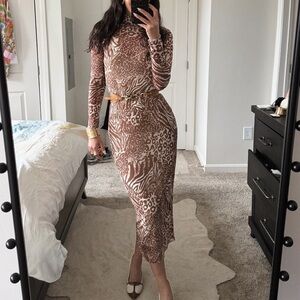 AFRM Animal Print Long Sleeve Mesh Midi Dress